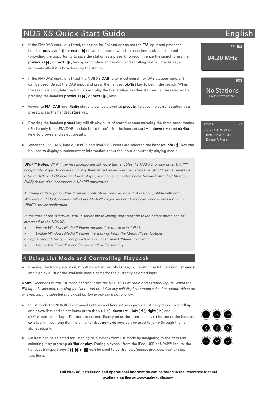 Nd5 xs quick start guide english, No stations, 20 mhz | 4 using list mode and controlling playback | Naim Audio ND5 XS User Manual | Page 5 / 44