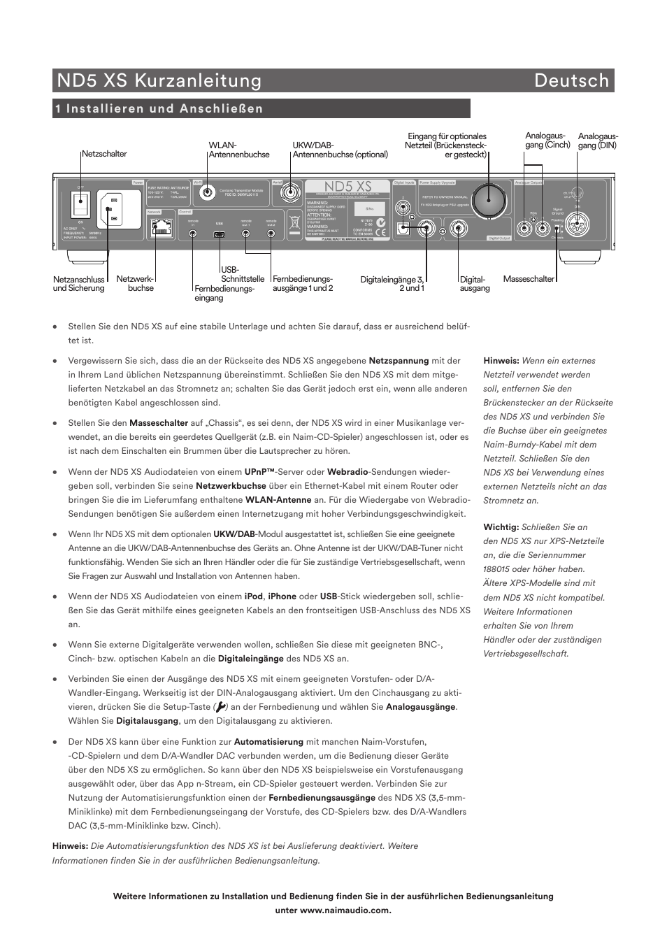 Nd5 xs kurzanleitung deutsch, 1 installieren und anschließen | Naim Audio ND5 XS User Manual | Page 7 / 44