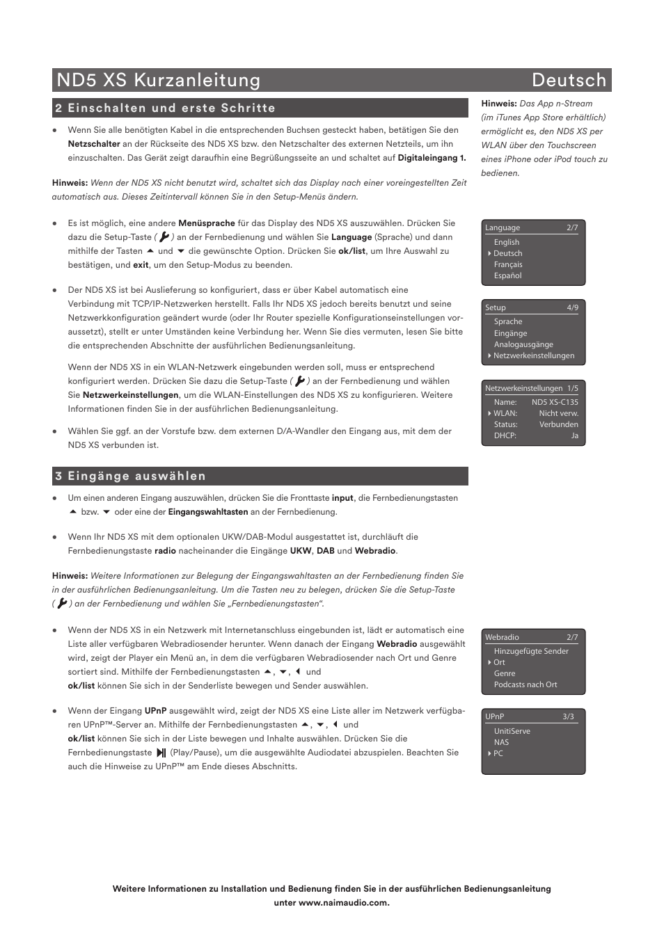 Nd5 xs kurzanleitung deutsch, 2 einschalten und erste schritte, 3 eingänge auswählen | Naim Audio ND5 XS User Manual | Page 8 / 44
