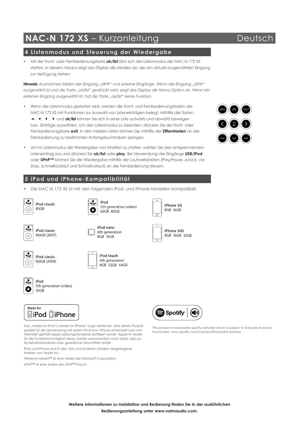 Nac-n 172 xs – kurzanleitung deutsch, 4 listenmodus und steuerung der wiedergabe, 5 ipod und iphone-kompatibilität | Naim Audio NAC-N 172 XS User Manual | Page 10 / 40