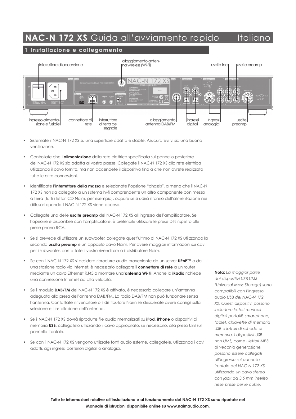 Nac-n 172 xs guida all’avviamento rapido italiano, 1 installazione e collegamento | Naim Audio NAC-N 172 XS User Manual | Page 15 / 40