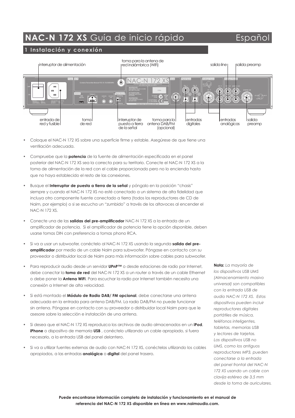 Nac-n 172 xs guía de inicio rápido español, 1 instalación y conexión | Naim Audio NAC-N 172 XS User Manual | Page 19 / 40