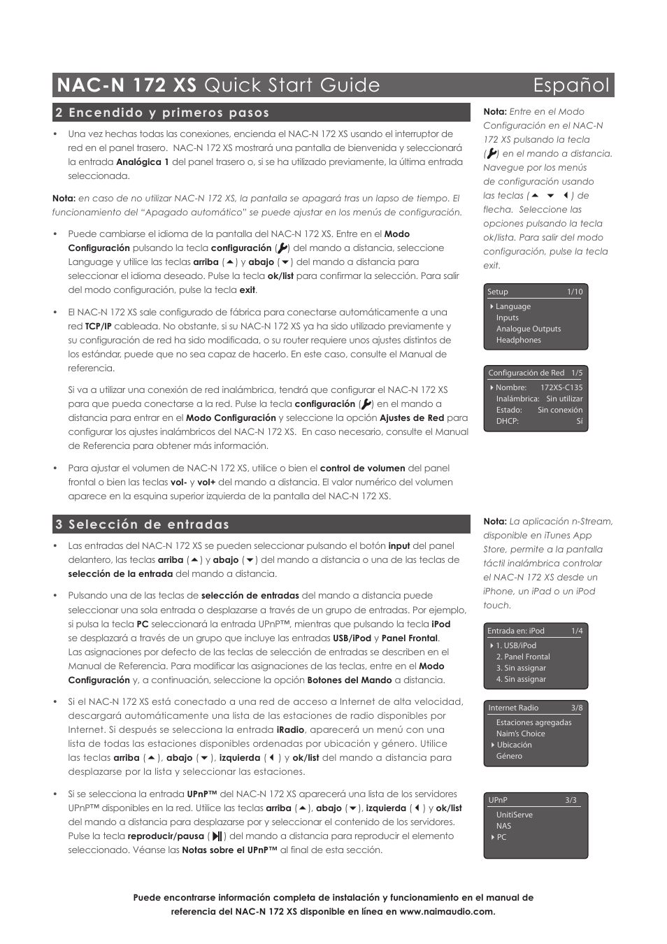 Nac-n 172 xs quick start guide español, 2 encendido y primeros pasos, 3 selección de entradas | Naim Audio NAC-N 172 XS User Manual | Page 20 / 40