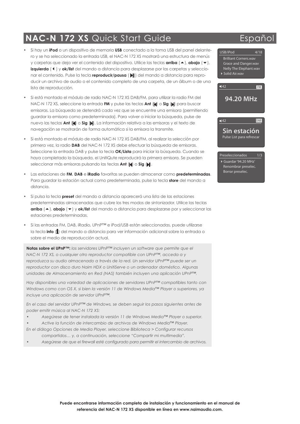 Nac-n 172 xs quick start guide español, Sin estación, 20 mhz | Naim Audio NAC-N 172 XS User Manual | Page 21 / 40