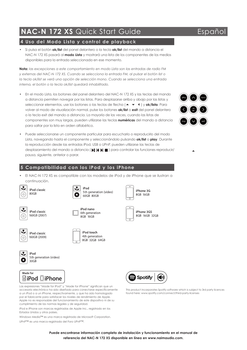 Nac-n 172 xs quick start guide español, 4 uso del modo lista y control de playback, 5 compatibilidad con los ipod y los iphone | Naim Audio NAC-N 172 XS User Manual | Page 22 / 40