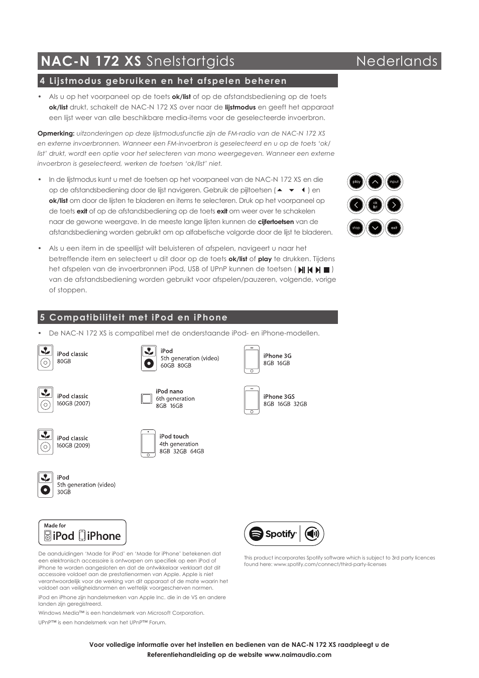 Nac-n 172 xs snelstartgids nederlands, 4 lijstmodus gebruiken en het afspelen beheren, 5 compatibiliteit met ipod en iphone | Naim Audio NAC-N 172 XS User Manual | Page 26 / 40