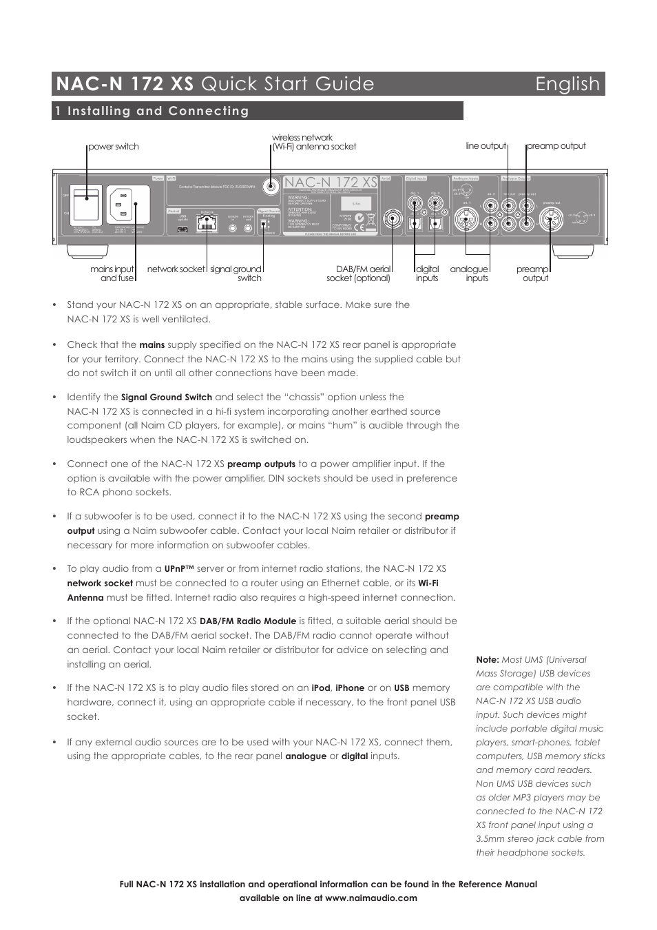 Nac-n 172 xs quick start guide english, 1 installing and connecting | Naim Audio NAC-N 172 XS User Manual | Page 3 / 40