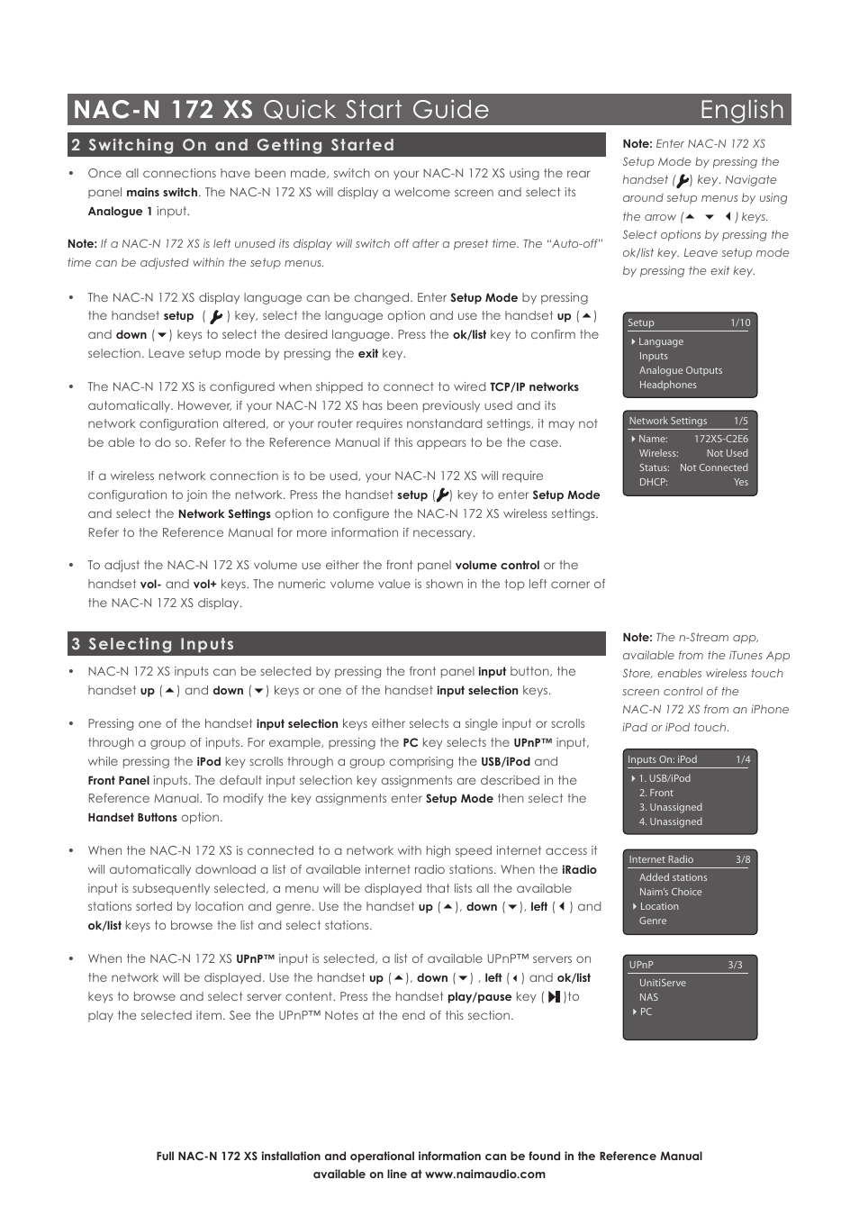 Nac-n 172 xs quick start guide english, 2 switching on and getting started, 3 selecting inputs | Naim Audio NAC-N 172 XS User Manual | Page 4 / 40