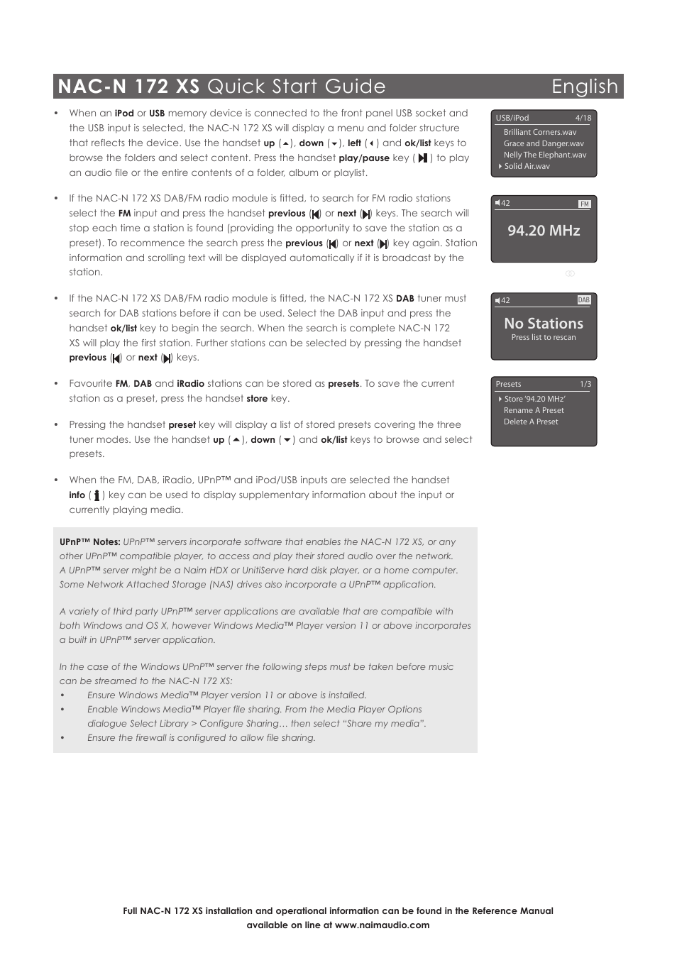 Nac-n 172 xs quick start guide english, No stations, 20 mhz | Naim Audio NAC-N 172 XS User Manual | Page 5 / 40