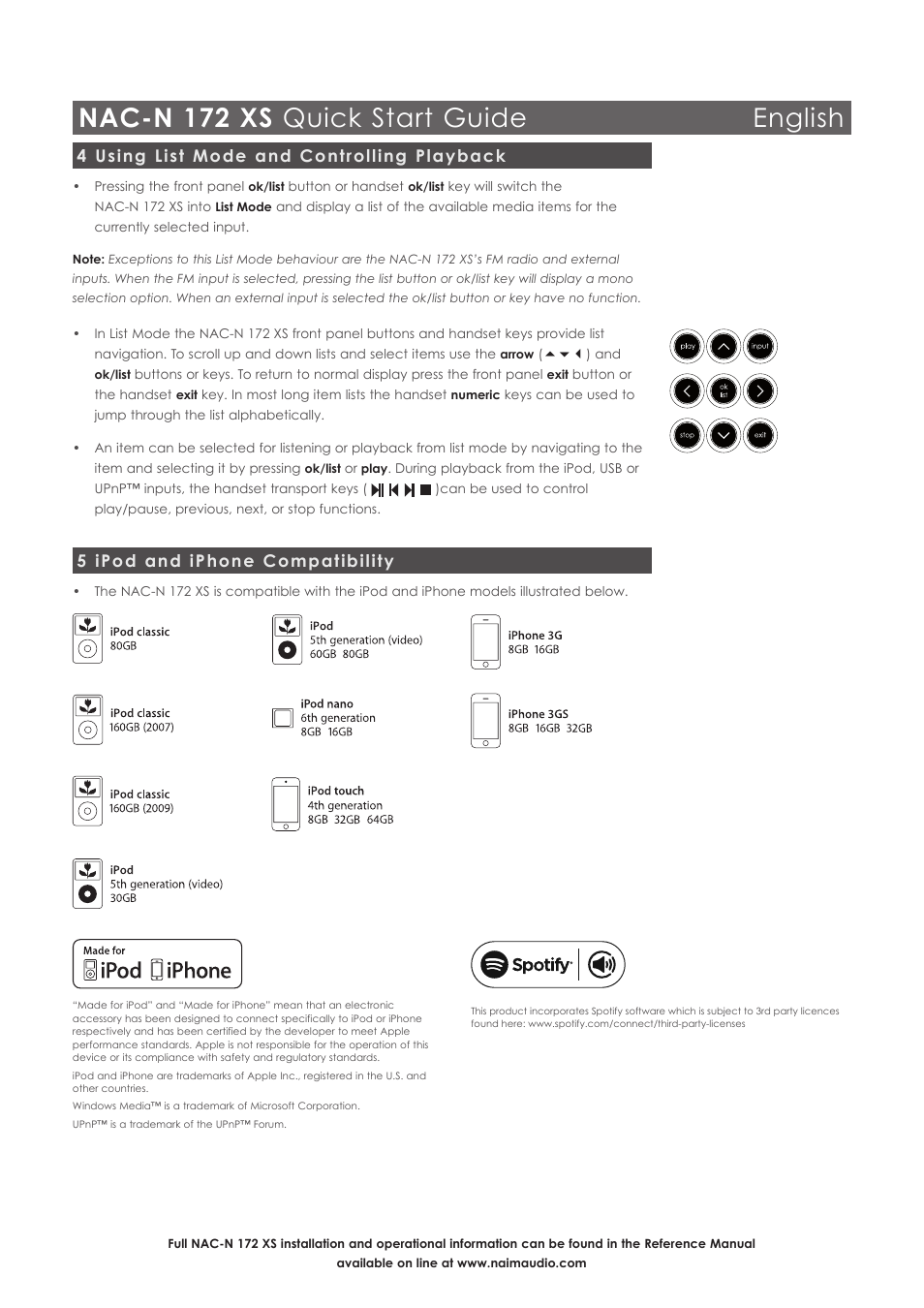 Nac-n 172 xs quick start guide english, 4 using list mode and controlling playback, 5 ipod and iphone compatibility | Naim Audio NAC-N 172 XS User Manual | Page 6 / 40
