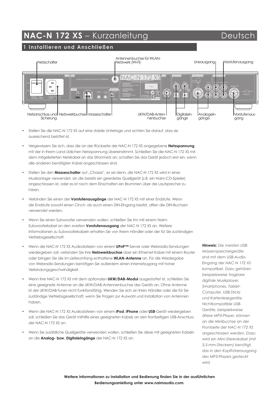 Nac-n 172 xs – kurzanleitung deutsch, 1 installieren und anschließen | Naim Audio NAC-N 172 XS User Manual | Page 7 / 40