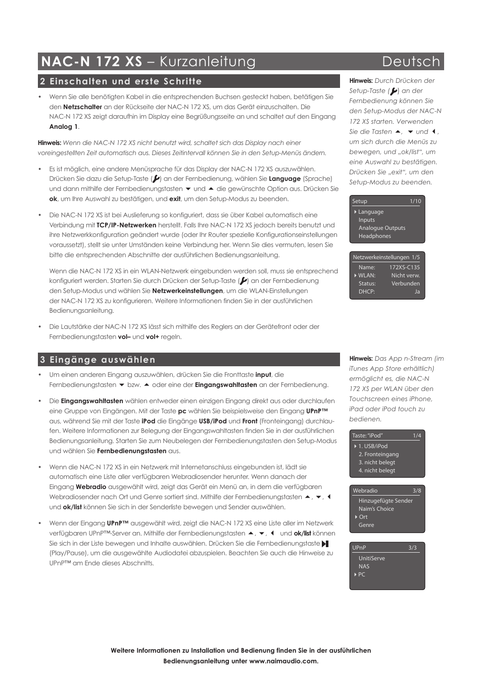 Nac-n 172 xs – kurzanleitung deutsch, 3 eingänge auswählen, 2 einschalten und erste schritte | Naim Audio NAC-N 172 XS User Manual | Page 8 / 40