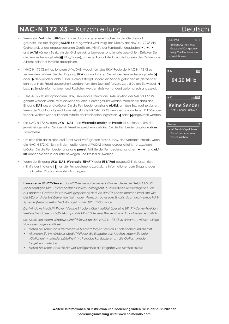 Nac-n 172 xs – kurzanleitung deutsch, Keine sender, 20 mhz | Naim Audio NAC-N 172 XS User Manual | Page 9 / 40