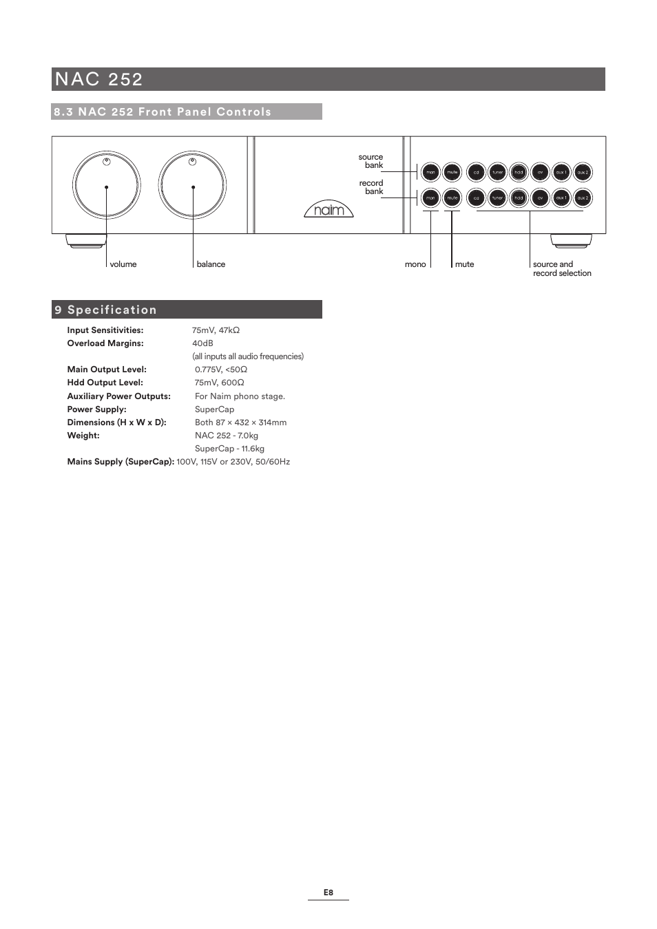 3 nac 252 front panel controls, 9 specification, Nac 252 | Naim Audio NAC-N 172 XS User Manual | Page 10 / 24