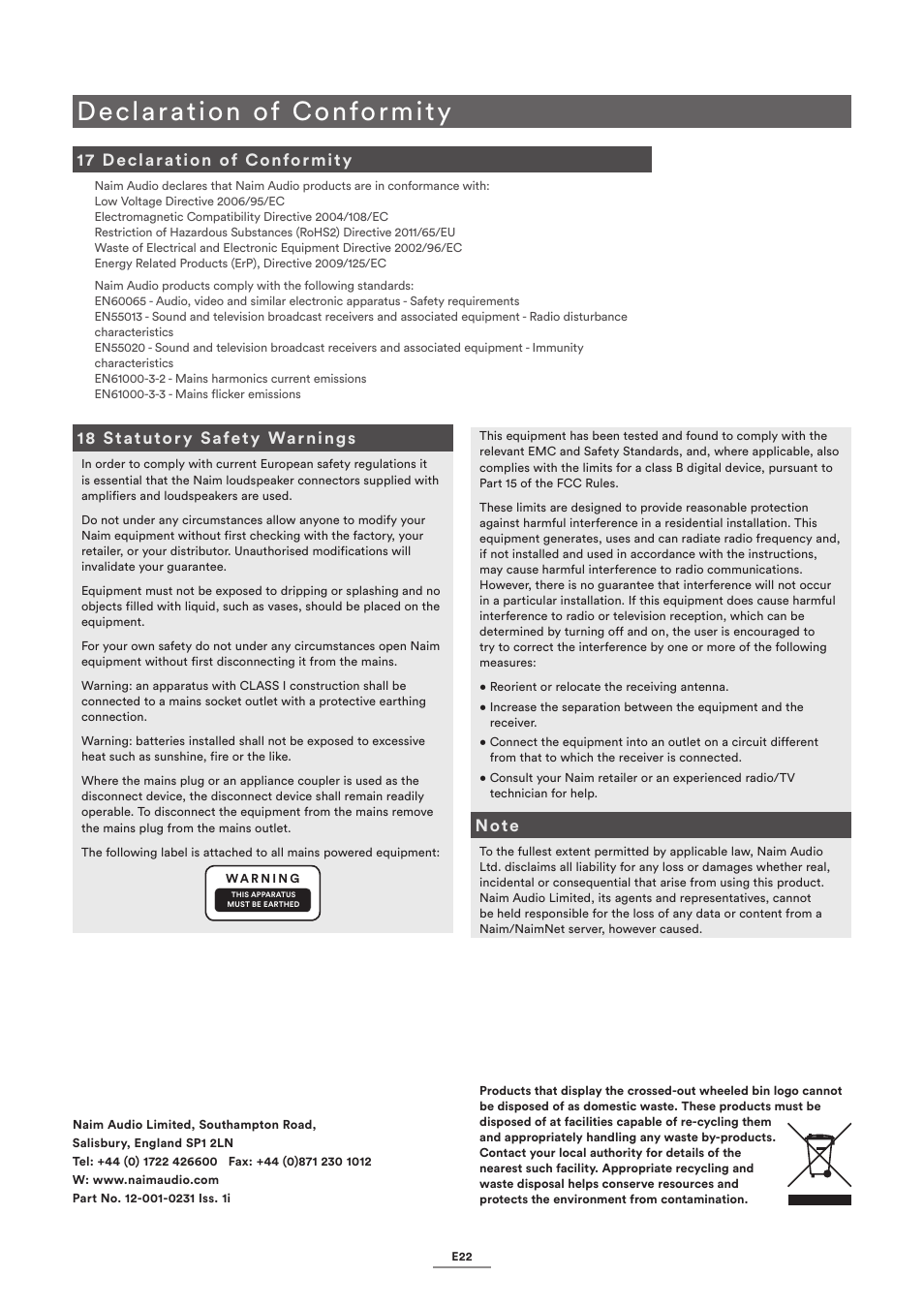 17 declaration of conformity, 18 statutory safety warnings, Declaration of conformity | Naim Audio NAC-N 172 XS User Manual | Page 24 / 24