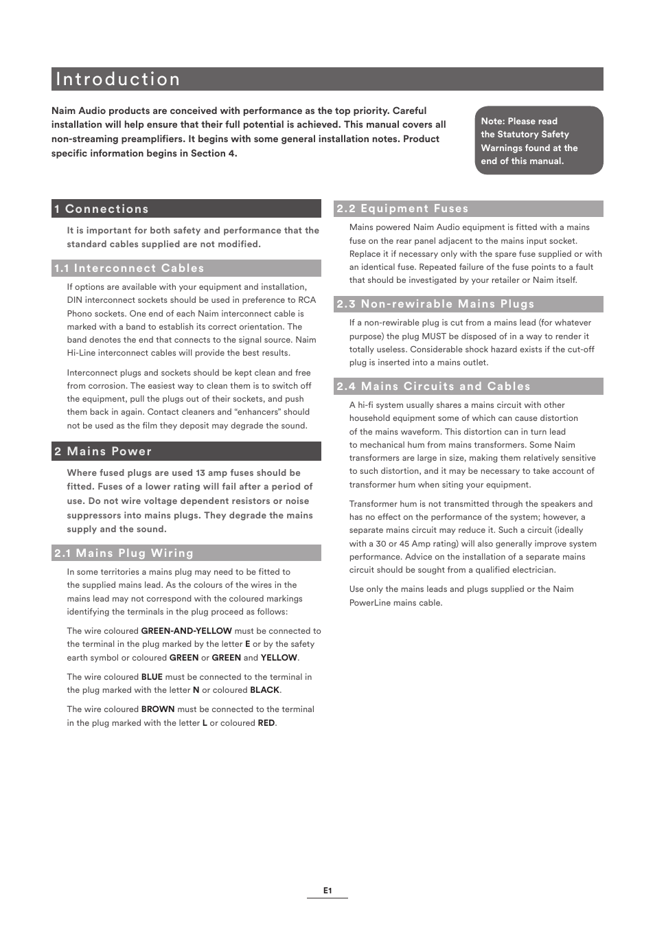 1 connections, 1 interconnect cables, 2 mains power | 1 mains plug wiring, 2 equipment fuses, 3 non-rewirable mains plugs, 4 mains circuits and cables, Introduction | Naim Audio NAC-N 172 XS User Manual | Page 3 / 24