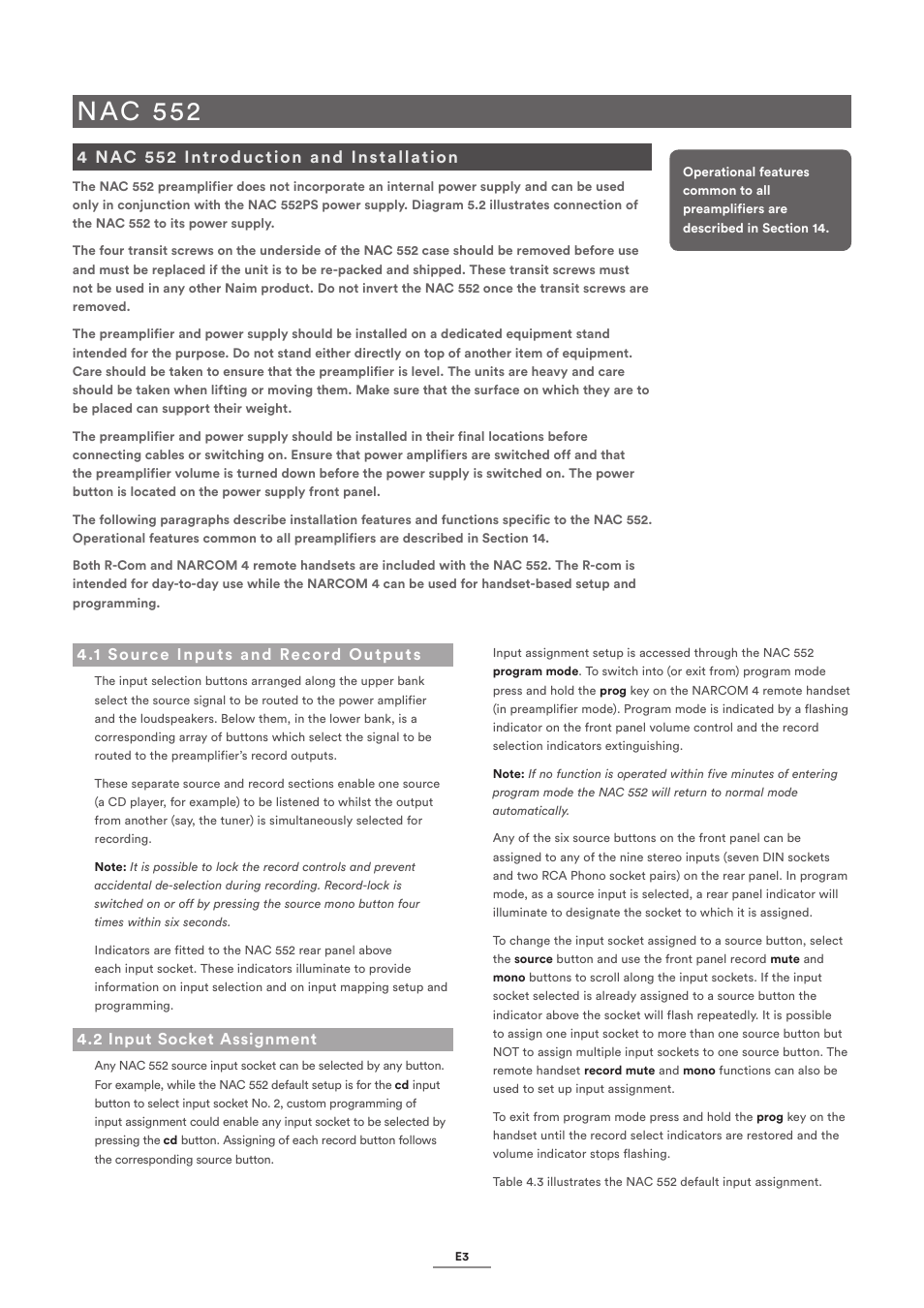 4 nac 552 introduction and installation, 1 source inputs and record outputs, 2 input socket assignment | Nac 552 | Naim Audio NAC-N 172 XS User Manual | Page 5 / 24