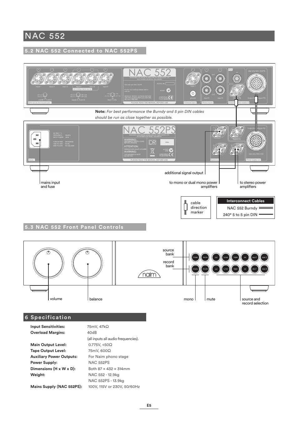 2 nac 552 connected to nac 552ps, 3 nac 552 front panel controls, 6 specification | Nac 552 | Naim Audio NAC-N 172 XS User Manual | Page 7 / 24