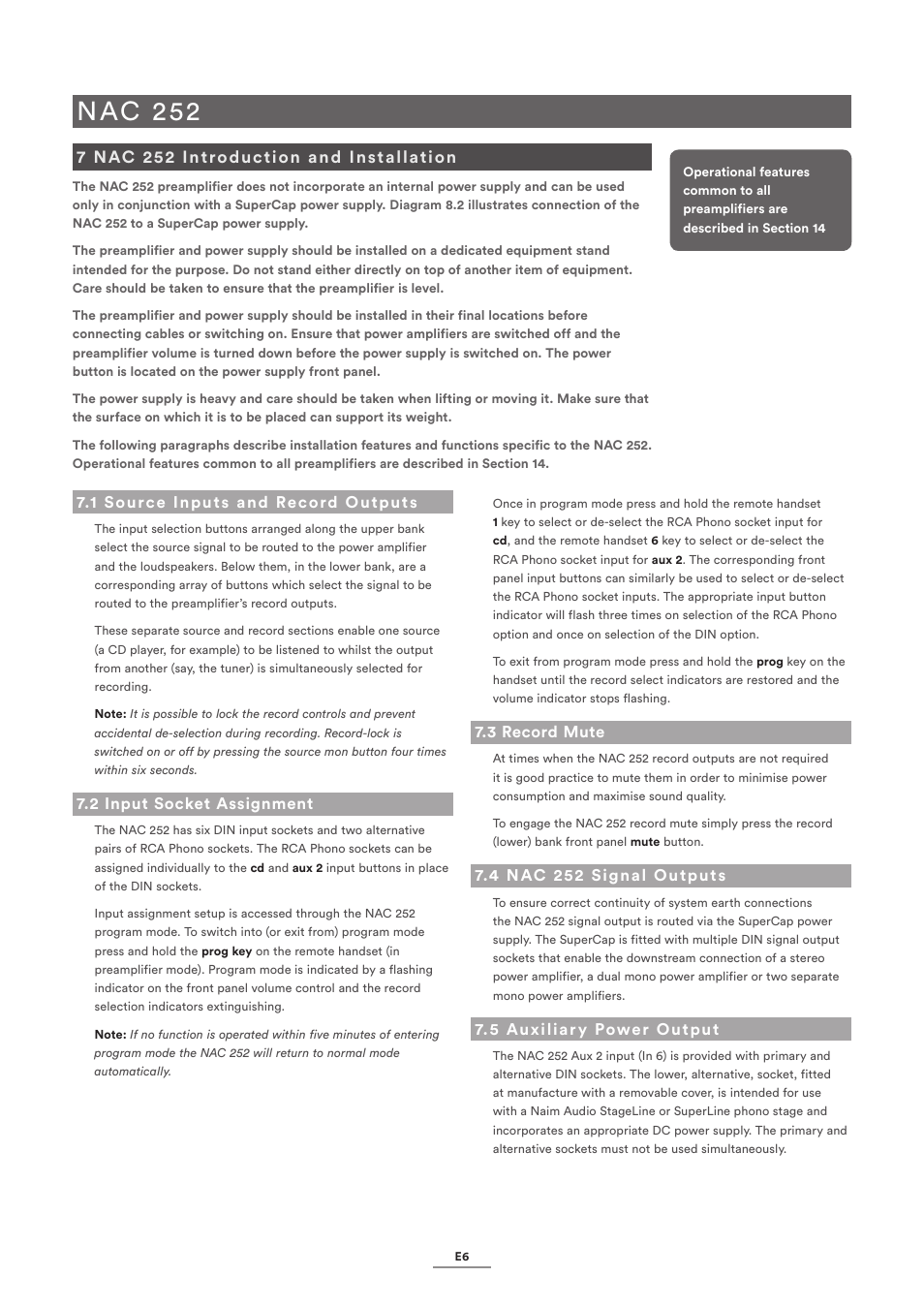 7 nac 252 introduction and installation, 1 source inputs and record outputs, 2 input socket assignment | 3 record mute, 4 nac 252 signal outputs, 5 auxiliary power output, Nac 252 | Naim Audio NAC-N 172 XS User Manual | Page 8 / 24