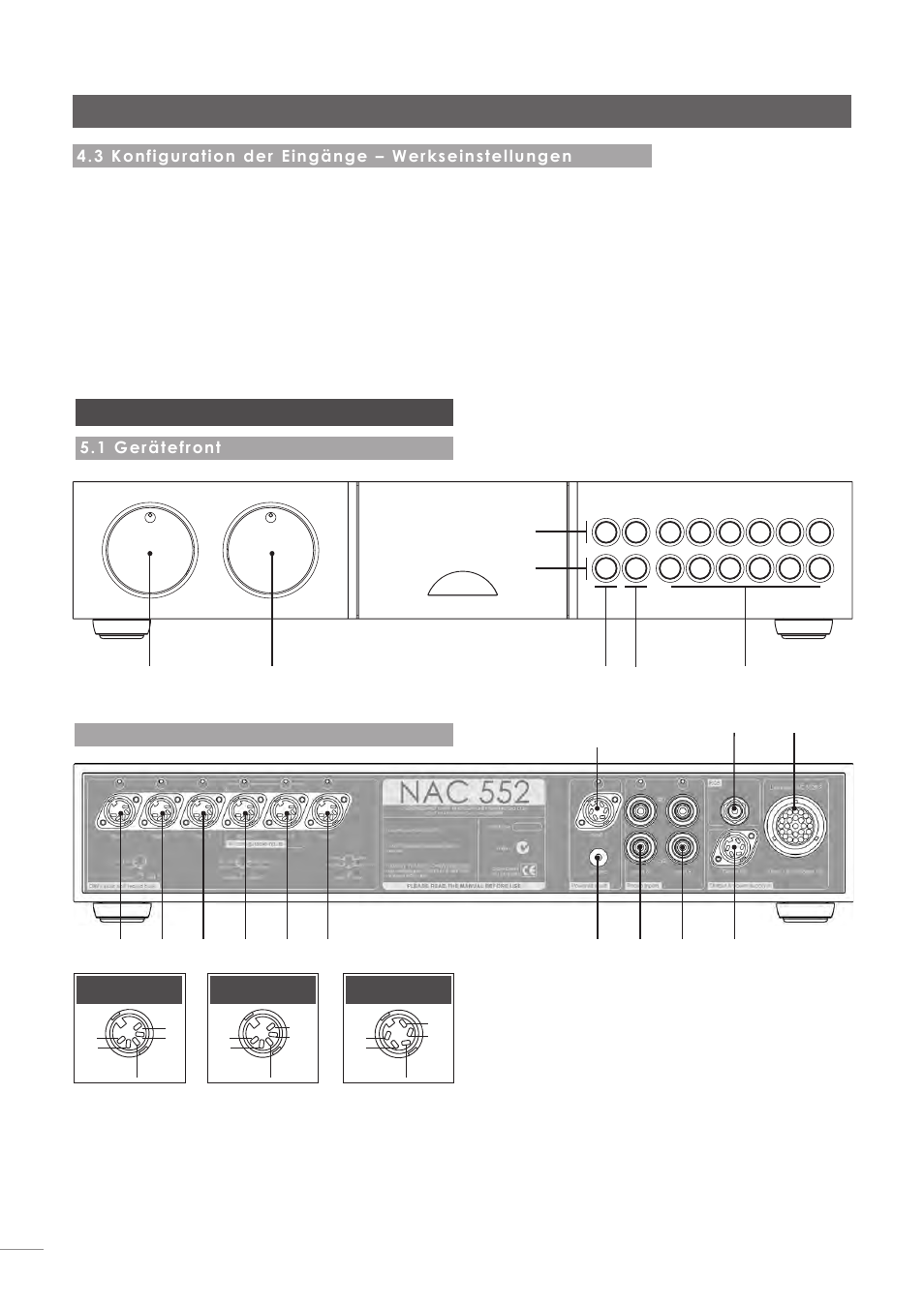 Vorstufe nac 552, 5 nac 552 – bedienelemente und anschlüsse, 3 konfiguration der eingänge – werkseinstellungen | 1 gerätefront, 2 rückseite | Naim Audio NAC-N 172 XS User Manual | Page 50 / 178