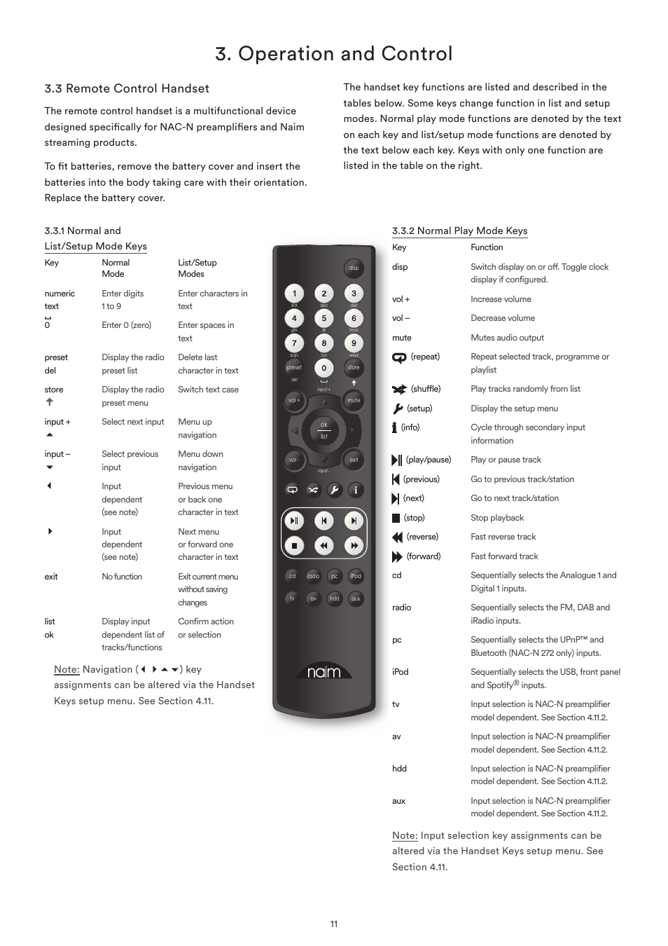 3 remote control handset, Operation and control | Naim Audio NAC-N 272 User Manual | Page 13 / 32