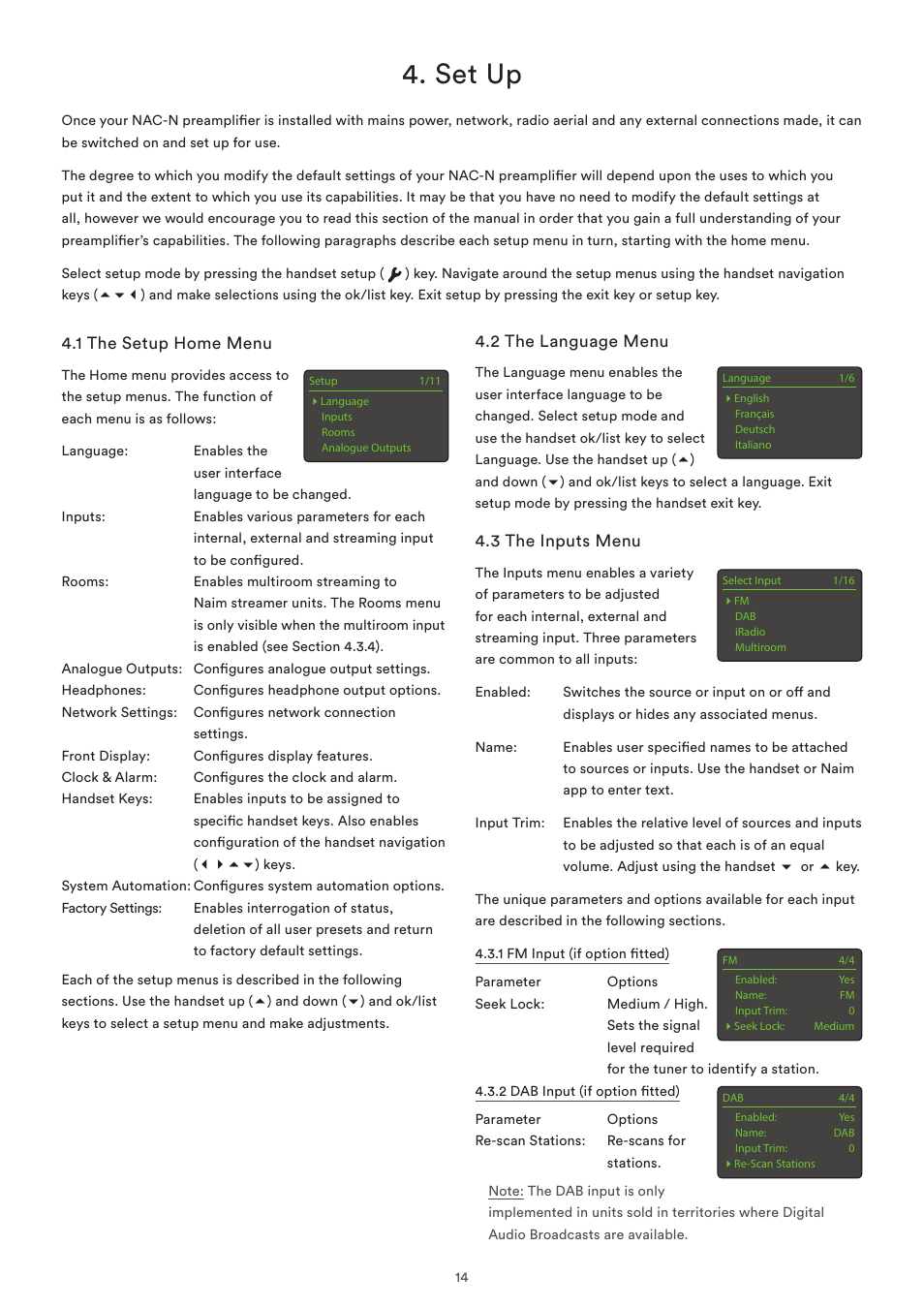 Set up, 1 the setup home menu, 2 the language menu | 3 the inputs menu | Naim Audio NAC-N 272 User Manual | Page 16 / 32