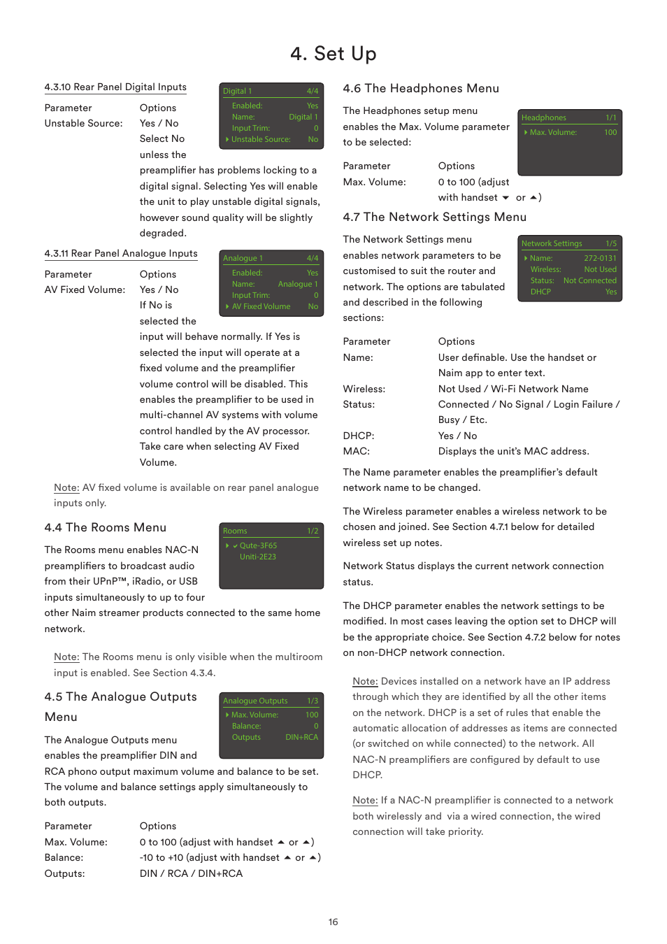 4 the rooms menu, 5 the analogue outputs menu, 6 the headphones menu | 7 the network settings menu, Set up | Naim Audio NAC-N 272 User Manual | Page 18 / 32