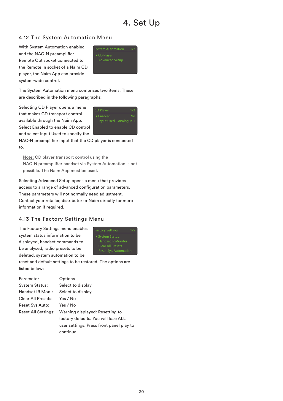 12 the system automation menu, 13 the factory settings menu, Set up | Naim Audio NAC-N 272 User Manual | Page 22 / 32