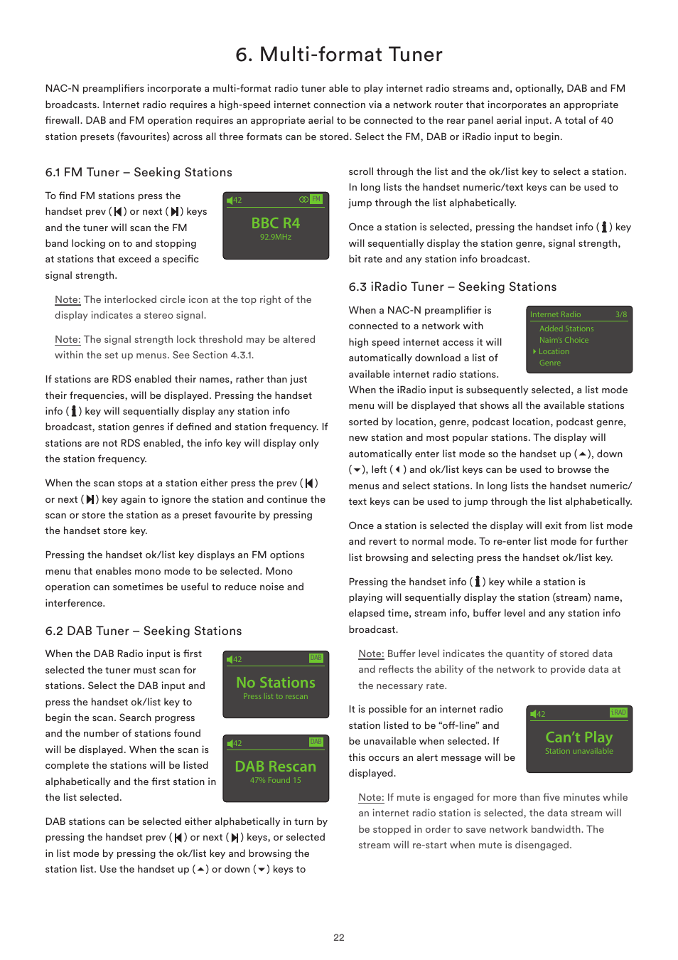 Multi-format tuner, 1 fm tuner – seeking stations, 2 dab tuner – seeking stations | 3 iradio tuner – seeking stations, Bbc r4, No stations, Dab rescan, Can’t play | Naim Audio NAC-N 272 User Manual | Page 24 / 32