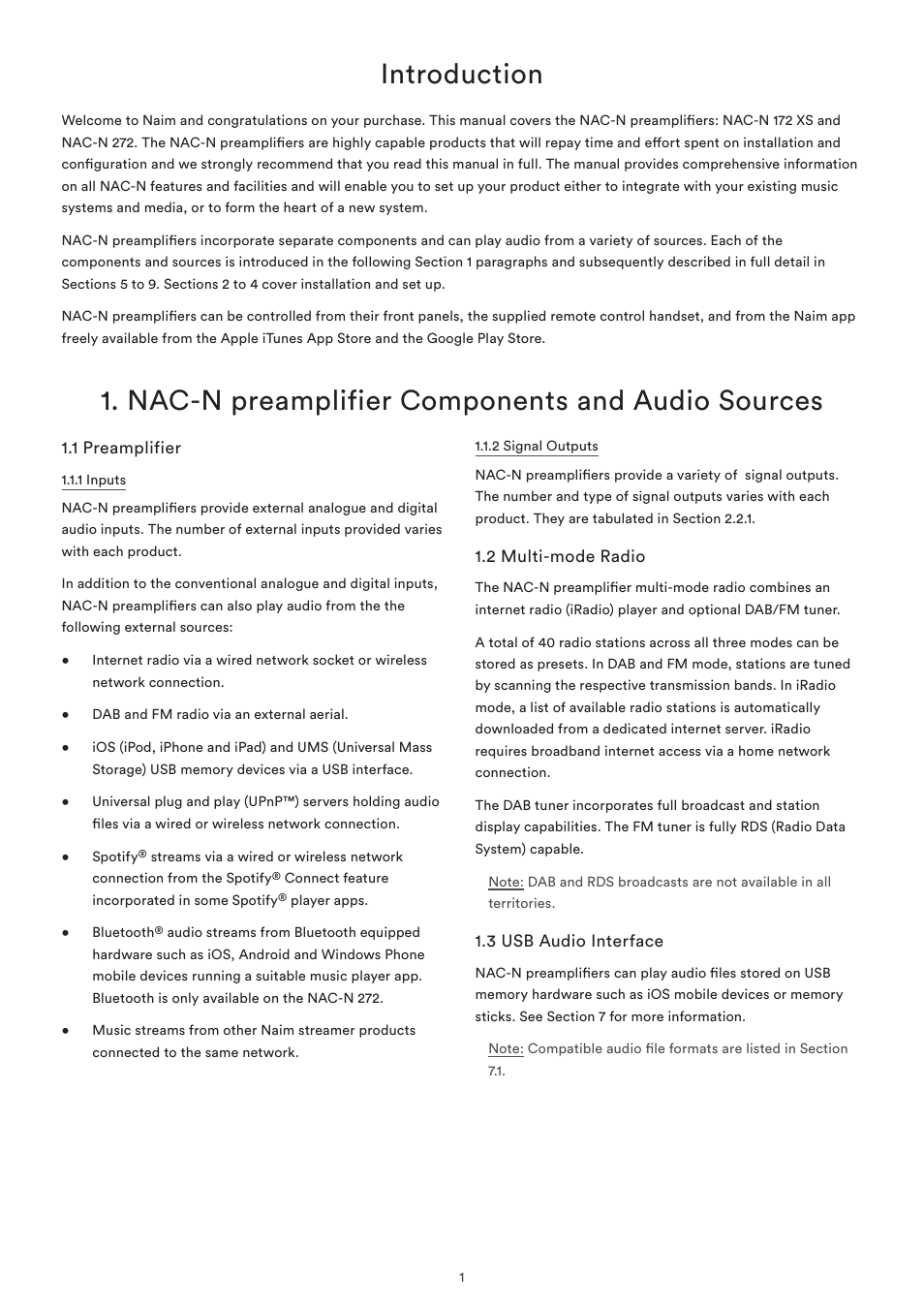 Introduction, Nac-n preamplifier components and audio sources, 1 preamplifier | 2 multi-mode radio, 3 usb audio interface, Introduction 1 | Naim Audio NAC-N 272 User Manual | Page 3 / 32