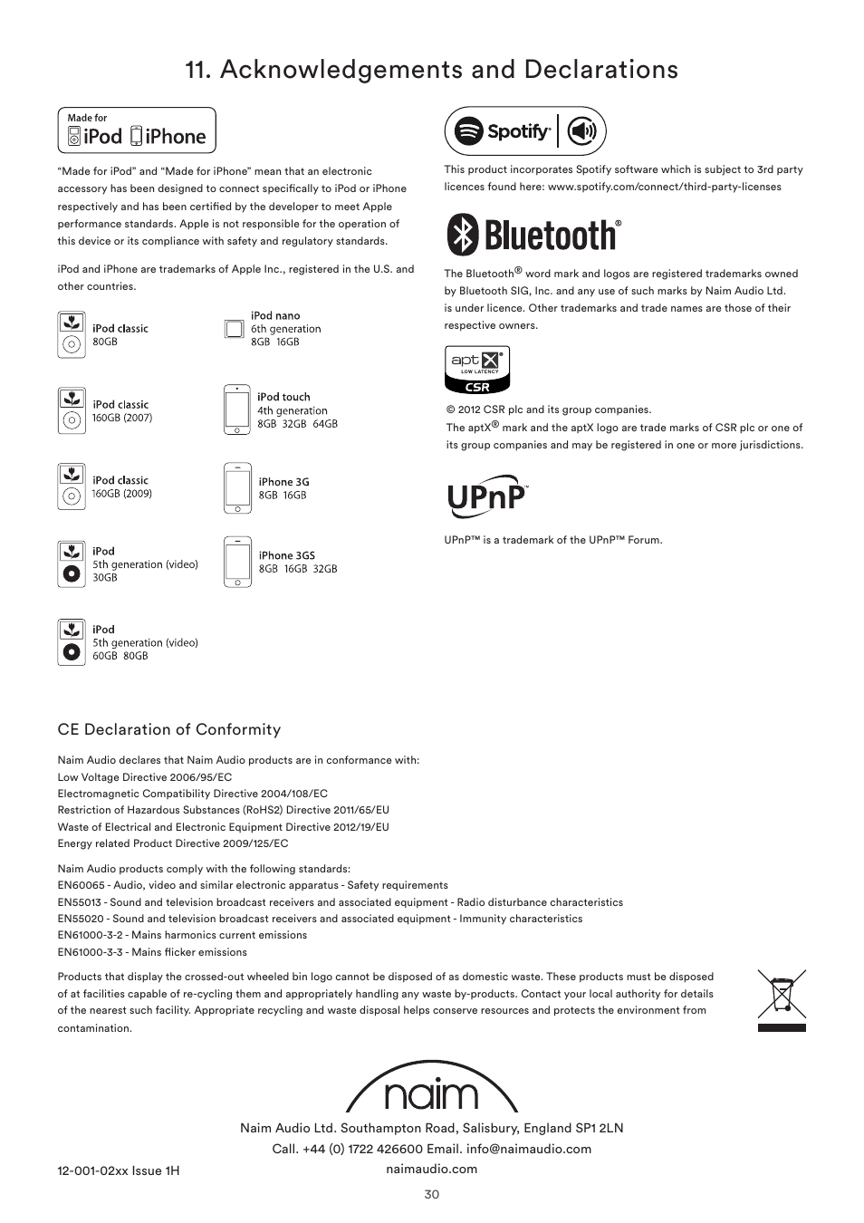 Acknowledgements and declarations, Ce declaration of conformity | Naim Audio NAC-N 272 User Manual | Page 32 / 32