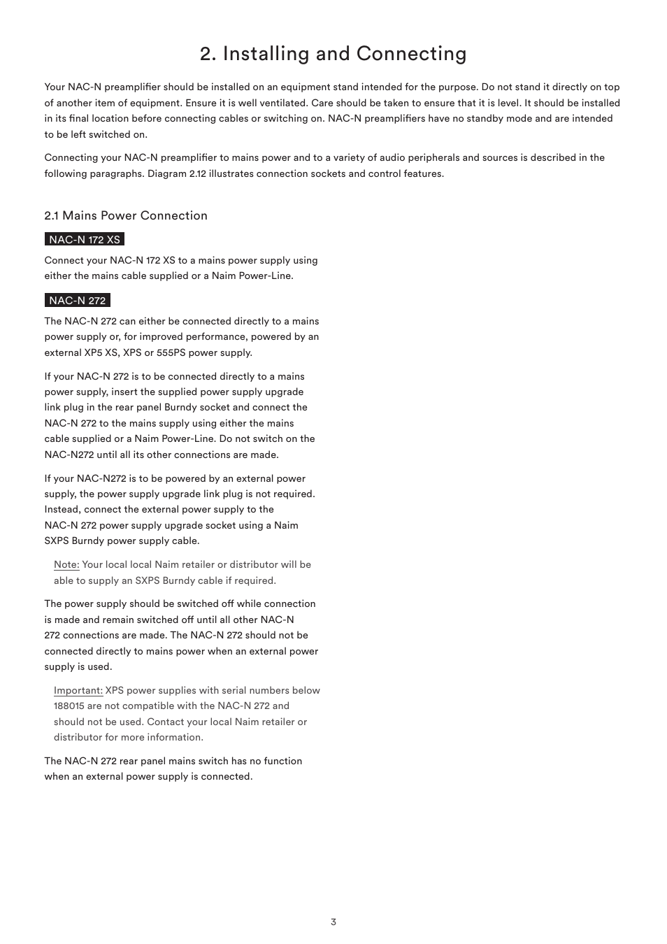 Installing and connecting, 1 mains power connection | Naim Audio NAC-N 272 User Manual | Page 5 / 32