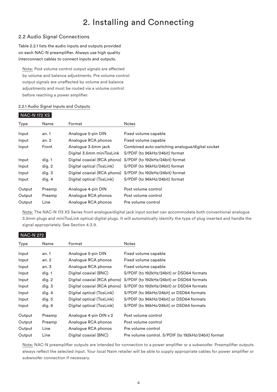 2 audio signal connections, Installing and connecting | Naim Audio NAC-N 272 User Manual | Page 6 / 32