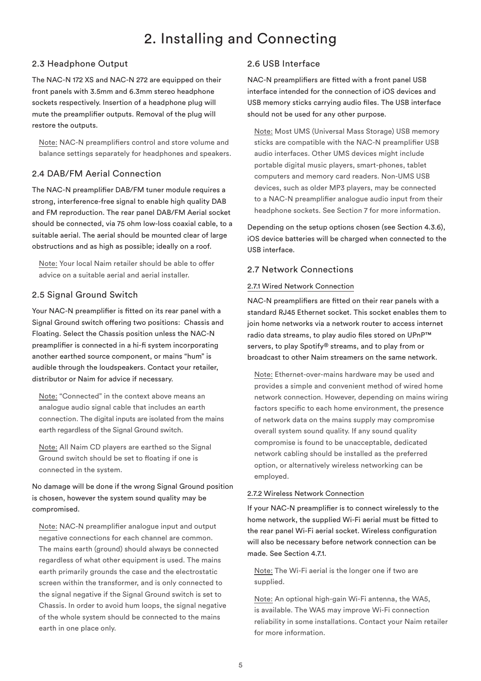 3 headphone output, 4 dab/fm aerial connection, 5 signal ground switch | 6 usb interface, 7 network connections, Installing and connecting | Naim Audio NAC-N 272 User Manual | Page 7 / 32