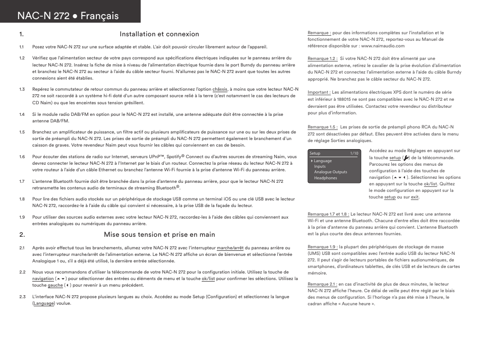 Nac-n 272 • français, Installation et connexion, Mise sous tension et prise en main | Naim Audio NAC-N 272 User Manual | Page 10 / 36