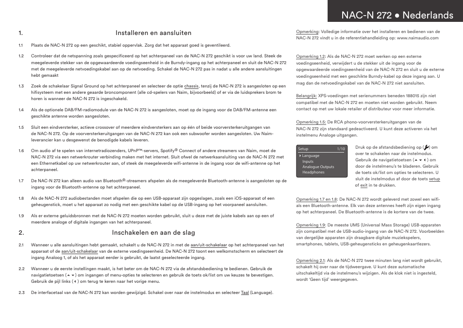 Nac-n 272 • nederlands, Installeren en aansluiten, Inschakelen en aan de slag | Naim Audio NAC-N 272 User Manual | Page 13 / 36