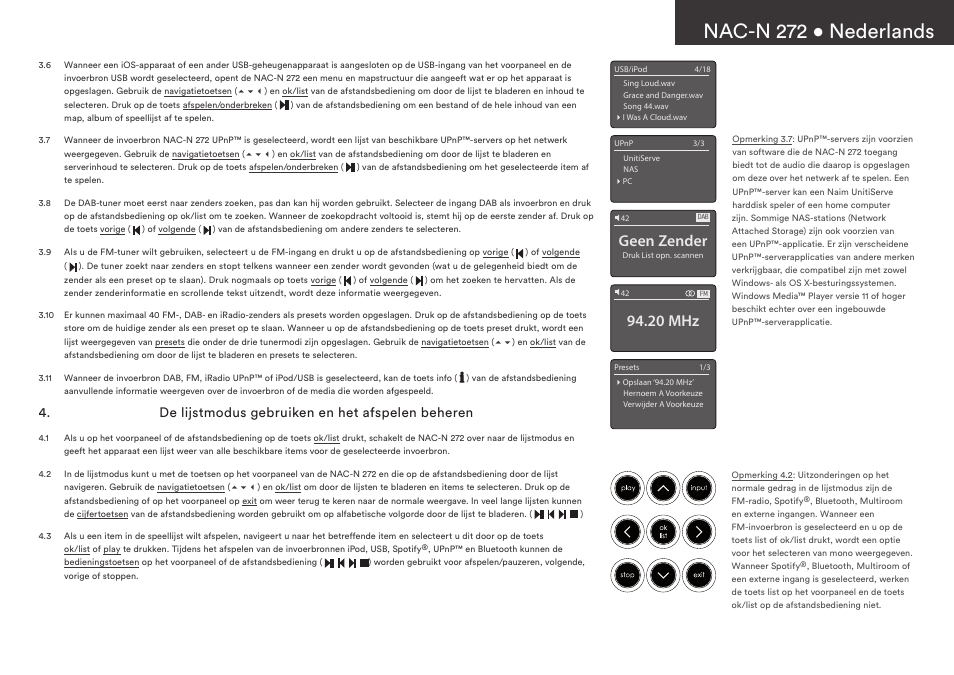 Nac-n 272 • nederlands, Geen zender, 20 mhz | De lijstmodus gebruiken en het afspelen beheren | Naim Audio NAC-N 272 User Manual | Page 15 / 36