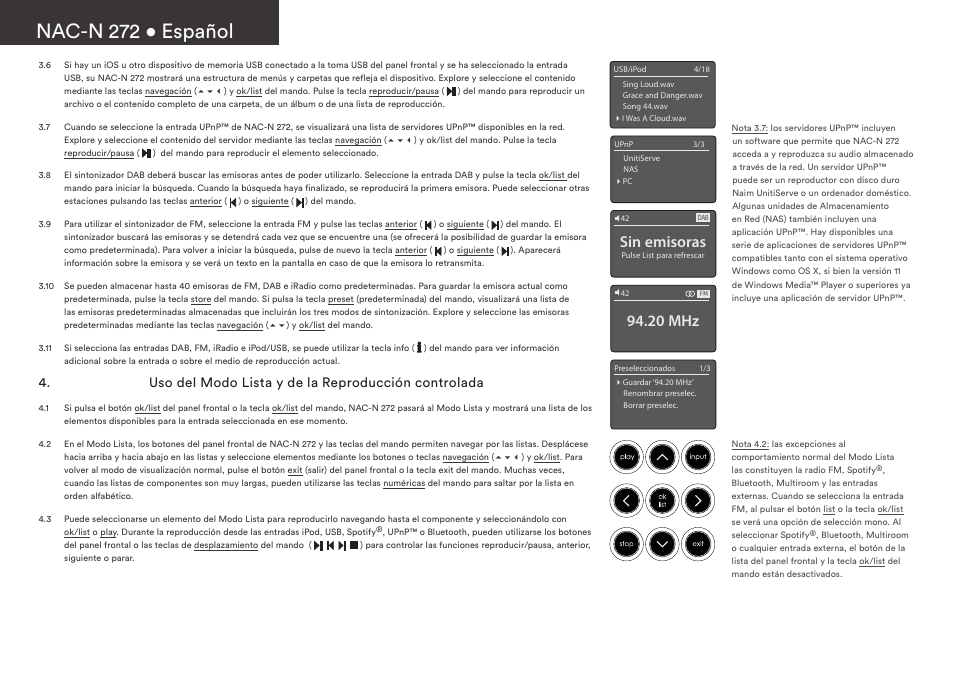 Nac-n 272 • español, Sin emisoras, 20 mhz | Uso del modo lista y de la reproducción controlada | Naim Audio NAC-N 272 User Manual | Page 18 / 36