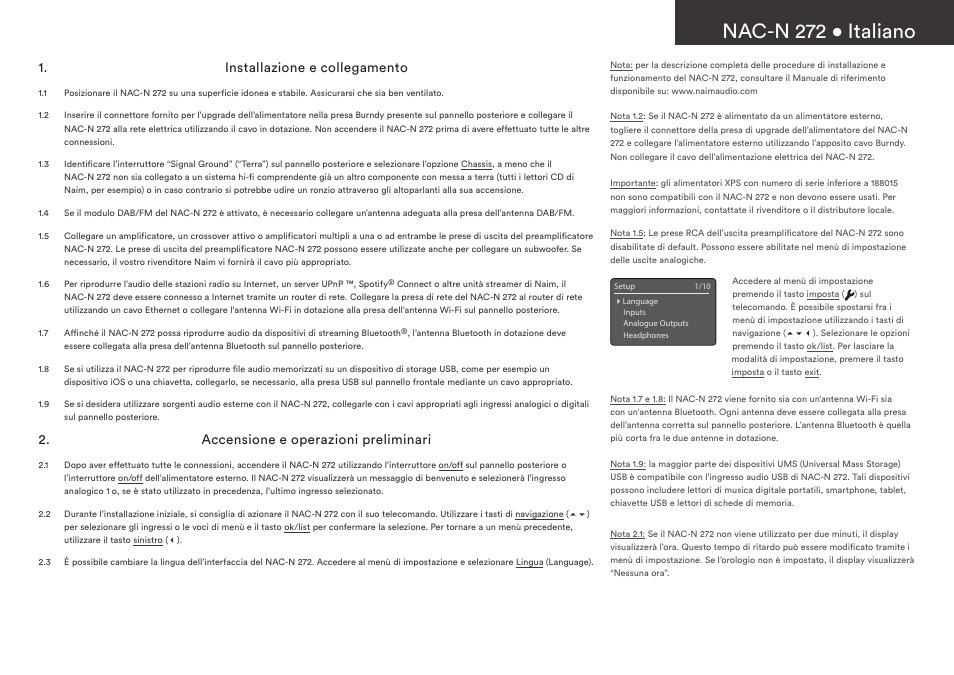 Nac-n 272 • italiano, Installazione e collegamento, Accensione e operazioni preliminari | Naim Audio NAC-N 272 User Manual | Page 19 / 36