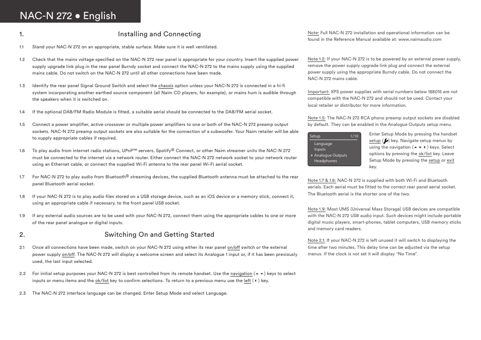 Nac-n 272 • english, Installing and connecting, Switching on and getting started | Naim Audio NAC-N 272 User Manual | Page 4 / 36