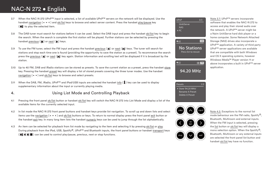 Nac-n 272 • english, No stations, 20 mhz | Using list mode and controlling playback | Naim Audio NAC-N 272 User Manual | Page 6 / 36