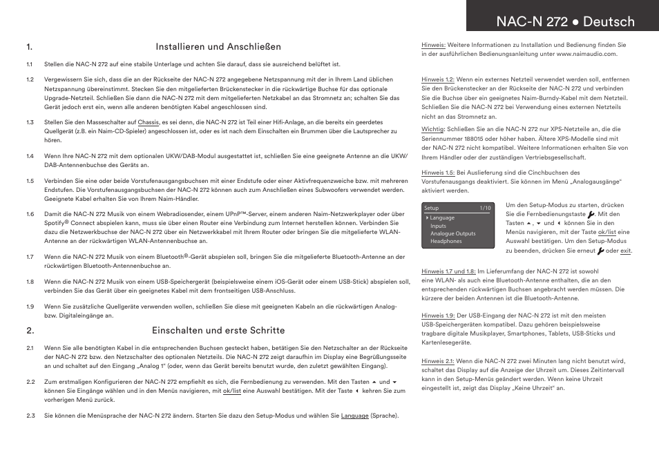 Nac-n 272 • deutsch, Installieren und anschließen, Einschalten und erste schritte | Naim Audio NAC-N 272 User Manual | Page 7 / 36