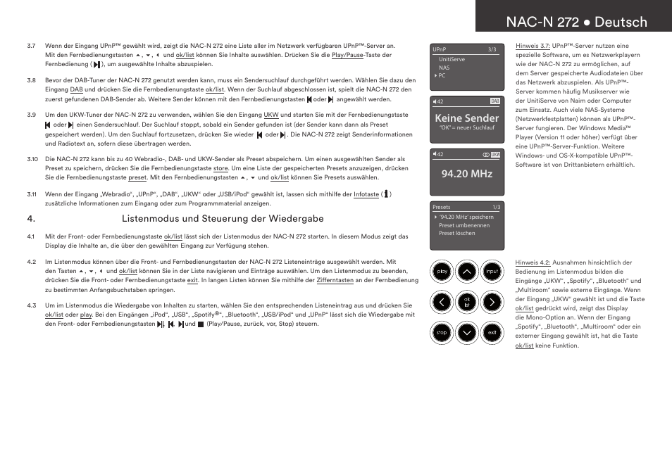 Nac-n 272 • deutsch, Keine sender, 20 mhz | Listenmodus und steuerung der wiedergabe | Naim Audio NAC-N 272 User Manual | Page 9 / 36