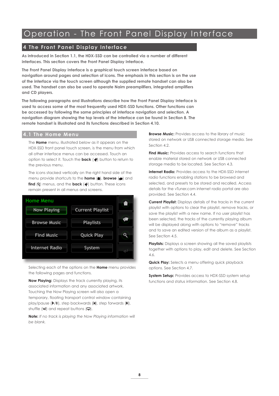 4 the front panel display interface, 1 the home menu, Operation - the front panel display inter face | Home menu | Naim Audio HDX User Manual | Page 10 / 30