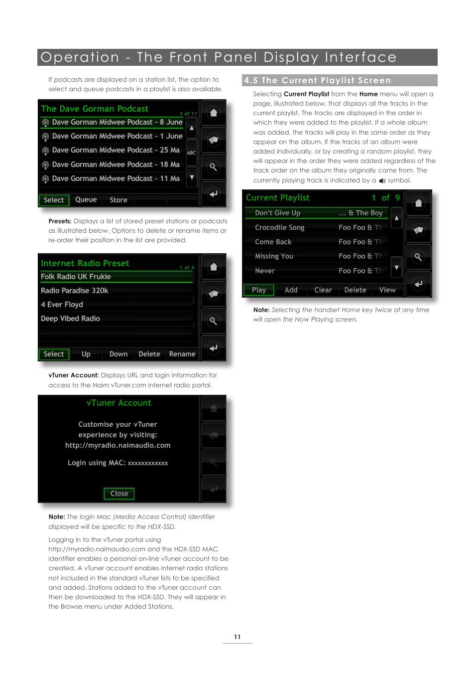 5 the current playlist screen, Operation - the front panel display inter face, The dave gorman podcast | Internet radio preset | Naim Audio HDX User Manual | Page 13 / 30