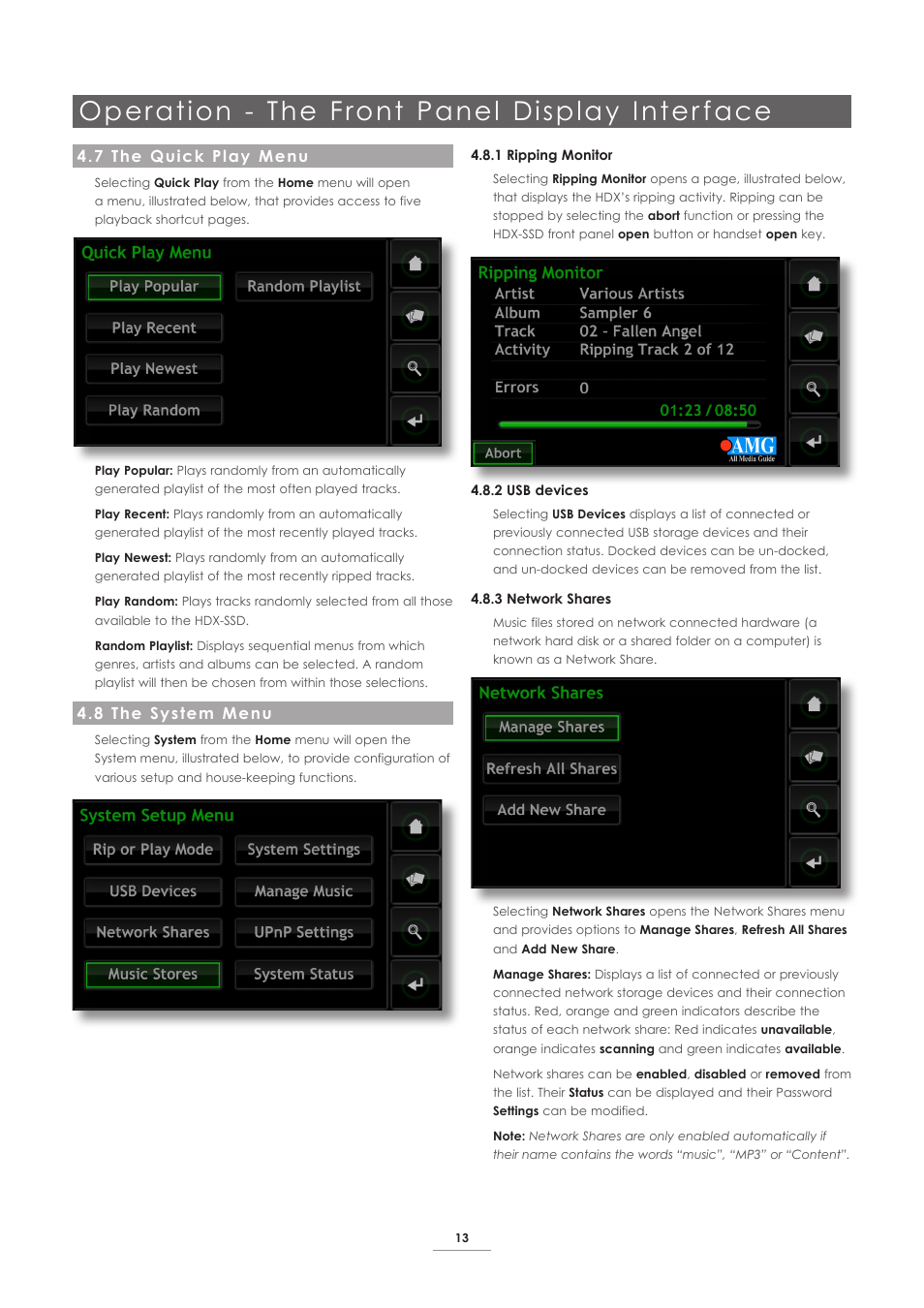 7 the quick play menu, 8 the system menu, Operation - the front panel display inter face | Naim Audio HDX User Manual | Page 15 / 30