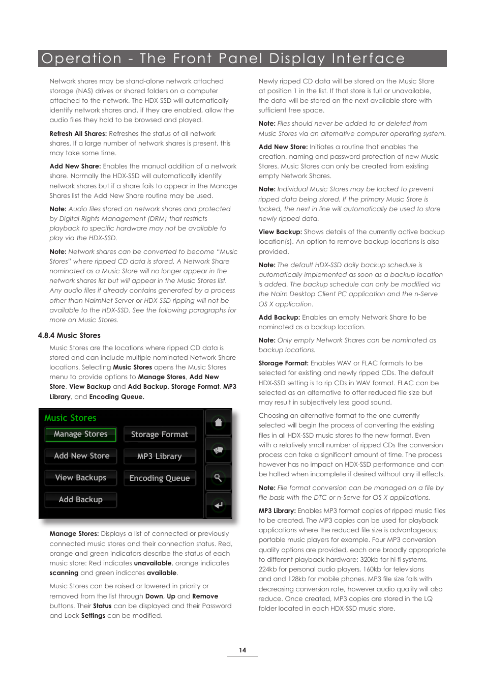 Operation - the front panel display inter face, Music stores | Naim Audio HDX User Manual | Page 16 / 30