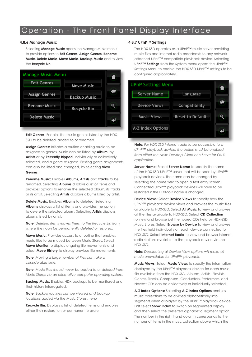 Operation - the front panel display inter face, Manage music menu | Naim Audio HDX User Manual | Page 18 / 30