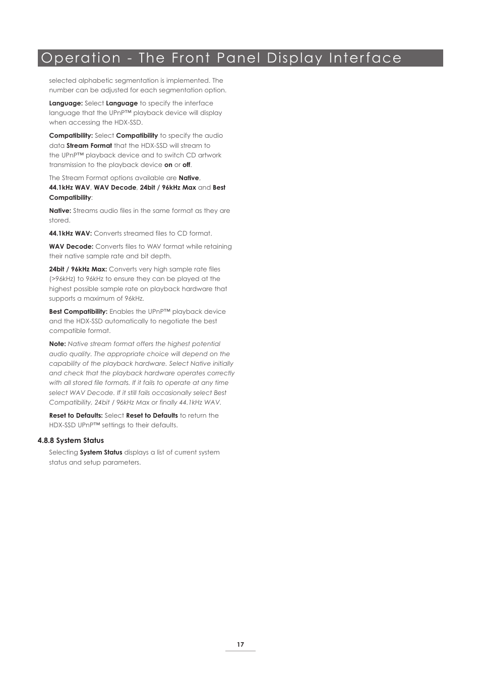 Operation - the front panel display inter face | Naim Audio HDX User Manual | Page 19 / 30
