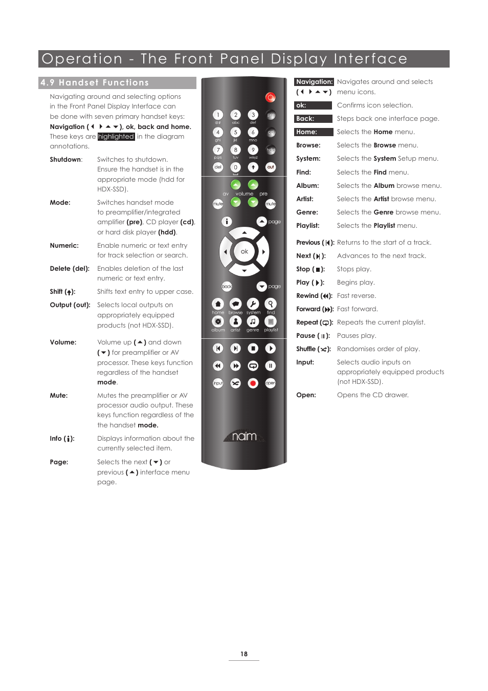 9 handset functions, Operation - the front panel display inter face | Naim Audio HDX User Manual | Page 20 / 30